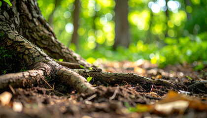 Fototapeta premium Tree roots on forest floor, bark and soil, blurred greenery. Natural beauty and outdoor scenery
