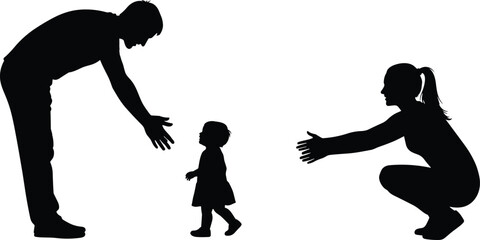 Father and mother silhouette, child walking between parents, family bond, parenting moment, love connection, parent child interaction, emotional support, vector illustration,