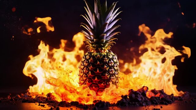 Burning Pineapple: A striking image of a pineapple engulfed in flames, a bold display of vibrant colors and the raw power of heat, symbolizing transformation and intense energy.