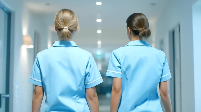 two nurses walking opposite directions in symmetrical hallway interior design supporting efficient medical routines three quarter wide angle cinematic color correction gentle bac