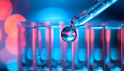Close-up view of a glass dropper dispensing a liquid drop into several transparent test tubes against a bokeh background of pink and blue lights.