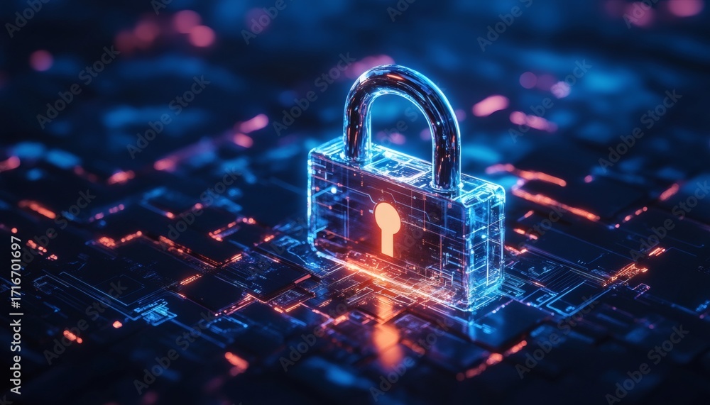 Poster a transparent glass padlock with illuminated keyhole sits on a circuit board, representing digital s