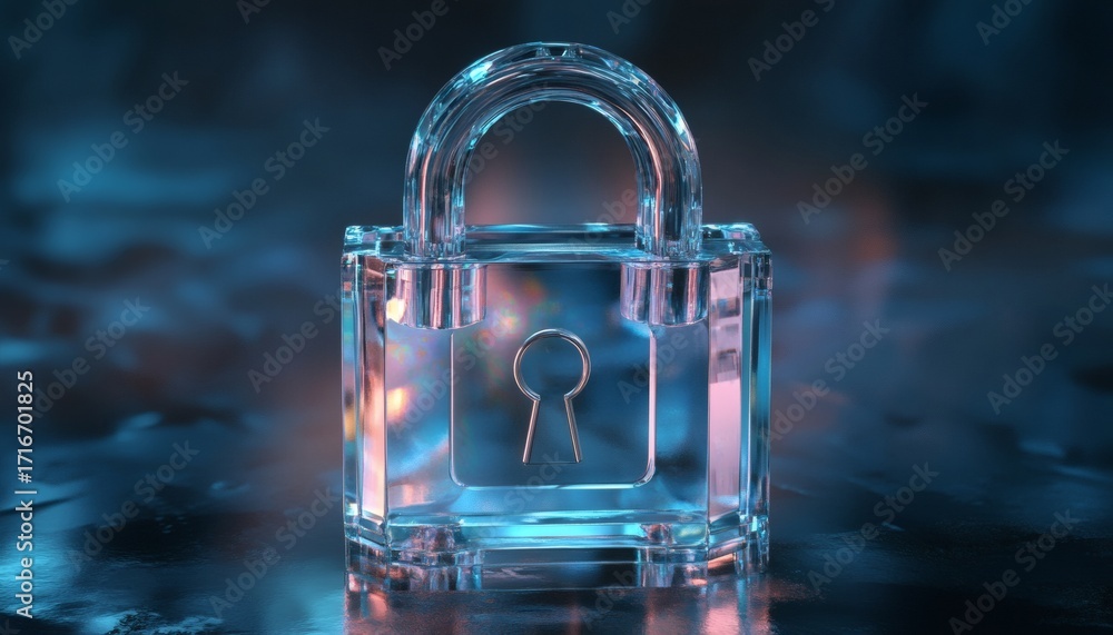 Poster a 3d rendering showcases a crystal-clear padlock with a metallic keyhole, sitting on a reflective su