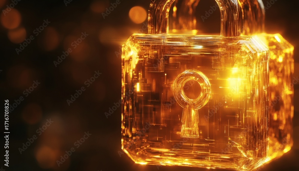 Poster a digital illustration shows a glowing padlock with an abstract keyhole, set against a dark backgrou