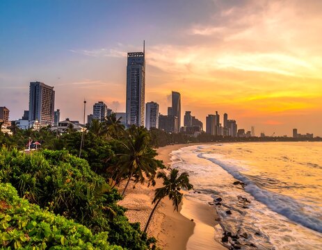 Tropical city skyline at sunset over a beach - Powered by Adobe