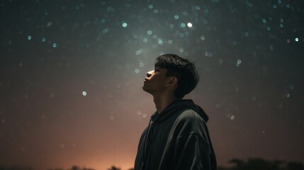 Man looking at stars at night Hopeful dreaming concept Night sky background Dark background