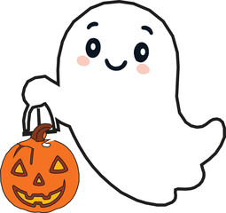 Cute Halloween Ghost Holding Pumpkin Jack O Lantern, Kawaii Cartoon Spirit Illustration, Spooky Trick or Treat Character Clipart