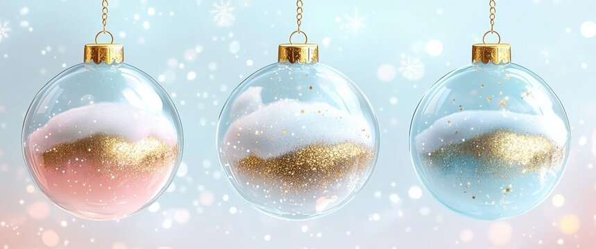 Beautiful Christmas ornaments with delicate snow and gold glitter on a soft pastel background