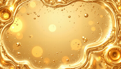 Golden liquid background with bubbles and shimmering lights in abstract style with copy space