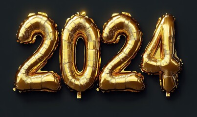 Golden 2024 balloon numbers on black background symbolizing New Year celebration and festive decor