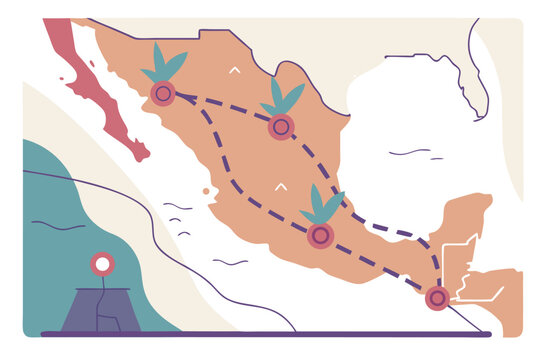Stylized Map of Mexico with Travel Route and Icons illustration