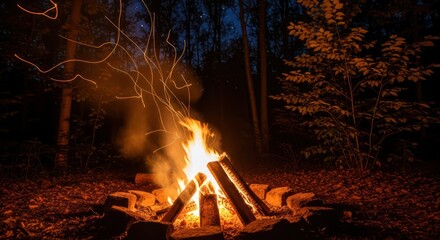 Campfire in a forest at dusk with burning logs and sparks.