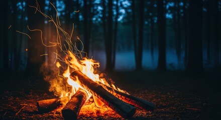 Campfire burning brightly in a dark forest at dusk.
