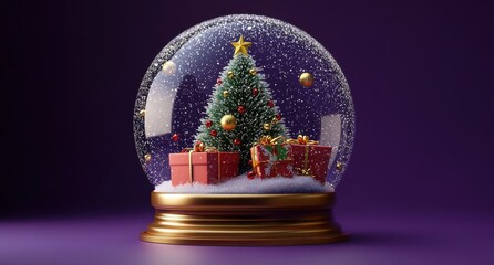 3D render of a Christmas snow globe featuring a decorated tree with gifts on a purple background