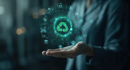 Business professional presenting sustainable technology and eco-friendly solutions with holographic recycling symbol