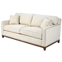 Fototapeta premium Elegant Cream Sofa with Brown Piping and Wooden Base
