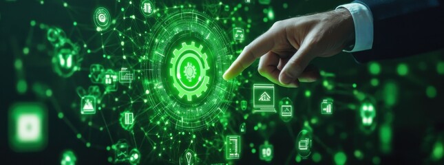 Obraz premium Businessman's hand pointing at green gear icon in digital interface representing technology, innovation, and futuristic concepts