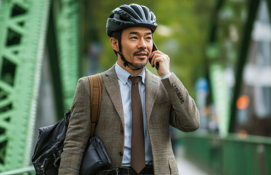 Businessman commuting on bicycle while talking on phone, wearing helmet and suit on city bridge during autumn day