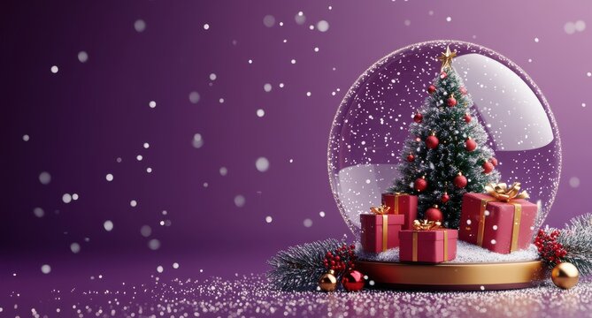 Enchanting 3D rendering of a Christmas snow globe featuring a decorated tree with festive presents, surrounded by falling snowflakes on a purple background