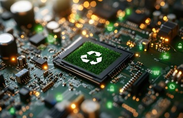 Close-up of an eco-friendly microchip on a motherboard symbolizing sustainable technology and green computing