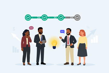 Business Team Discussion with light bulb. Vector cartoon illustration in a flat style of business people standing and talking to each other with an idea lightbulb and checks. Isolated from background.