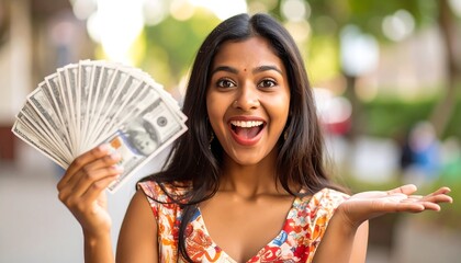 A woman holding a fan of US dollars, expressing surprise and joy