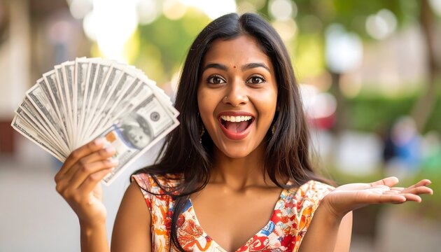 A woman holding a fan of US dollars, expressing surprise and joy