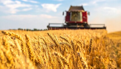 Fototapeta premium Golden wheat field with a harvester