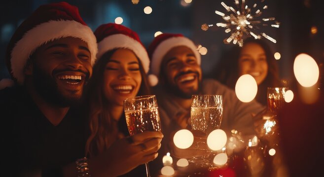 A diverse group of friends joyfully celebrating Christmas together, wearing Santa hats, holding sparklers