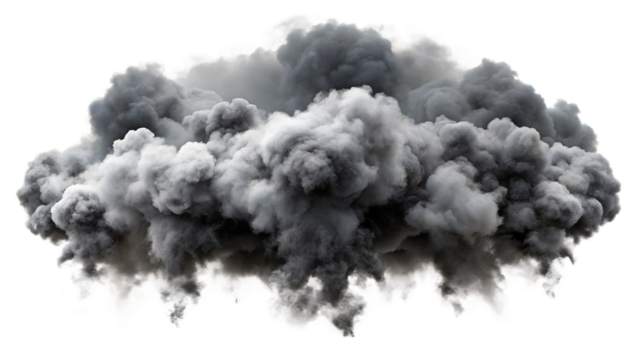 Dramatic gray cloud formation isolated on transparent background, billowing and ominous, conveying a sense of impending storm and atmospheric tension