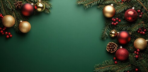 Christmas tree with red and gold ornaments against green background for festive decoration