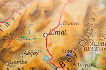 Close up map detail of Elmali region in Turkey.