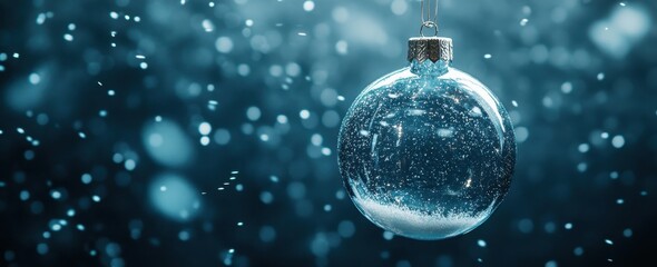 Clear glass Christmas ornament sparkling with delicate snow-like particles against a dreamy blue background, capturing the essence and magic of the holiday season with elegance and simplicity.