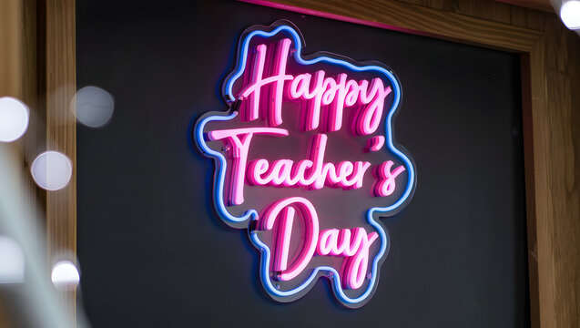 Bright pink and blue neon sign glows with the words happy teachers day on a dark background - Powered by Adobe