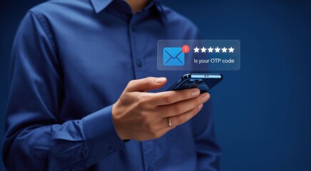 Mobile security and one-time code verification: A person holding smartphone that shows message notification alert, and displaying the OTP code message.