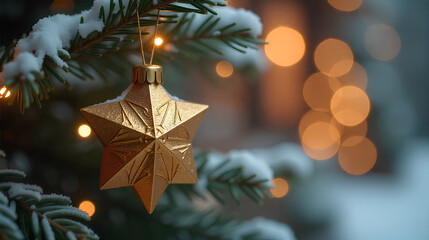 Golden Star Ornament on Snowy Christmas Tree with Warm Bokeh Lights