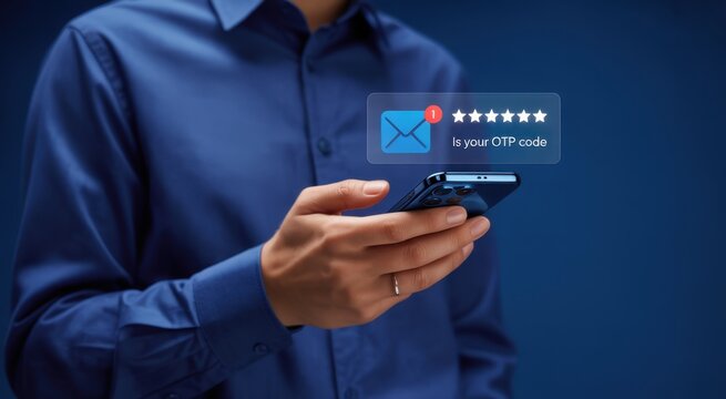 Mobile security and one-time code verification: A person holding smartphone that shows message notification alert, and displaying the OTP code message.