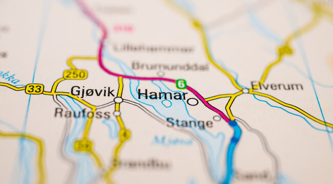 Map showing Hamar Gj?vik and Elverum in Norway.