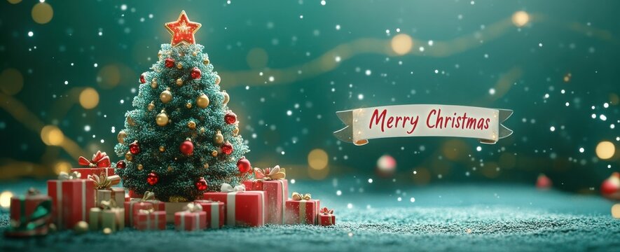 Festive Christmas scene featuring a beautifully decorated tree with a star topper, surrounded by gift boxes, under falling snowflakes. Perfect for holiday greeting cards and video backgrounds.