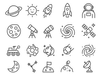 Space exploration and astronomy icon set. Thin line icons for astrophysics, planets, rocket launch, astronaut, solar system, satellite, galaxy, telescope and outer space.