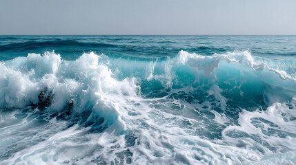 Fototapeta premium Blue ocean wave cresting on a sandy beach. Powerful sea water movement. Tropical summer vacation and nature concept for background.