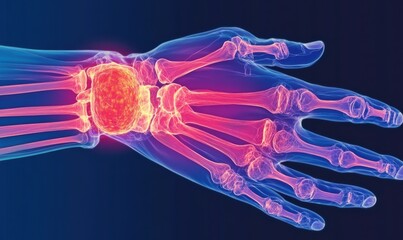 Digital illustration of human wrist displaying bones and inflammation in vivid colors