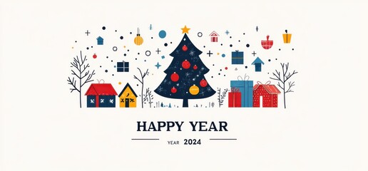 Flat illustration of a New Year's card with festive Christmas tree and gifts, celebrating the start of the year 2024