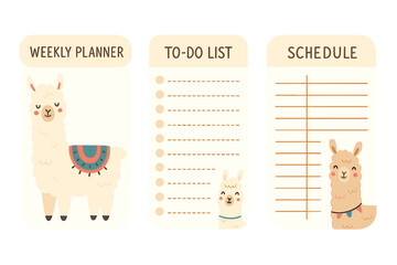 Cute weekly planner, to-do list, schedule template set with llama alpaca. Kids organizer for school notes. Printable checklist diary. Scandinavian childish cartoon vector.