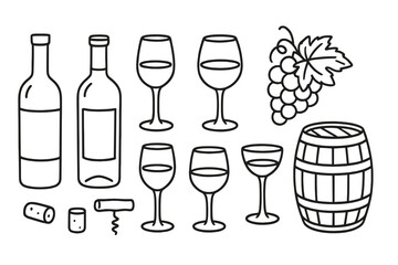 Doodle hand draw wine elements set. Linear bottle, glass, grapes, barrel, corkscrew icons. Line art vector illustration collection for winery, bar menu or wine tasting.