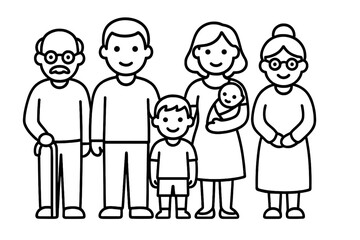 Extended family icon with parents, children, and grandparents. Vector line art of three generations together, from baby to senior. Concept for family bonds, lineage, aging, and love.