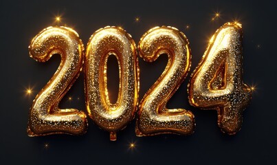 Shiny golden 2024 balloons on black background with stars and glitter for a festive new year celebration