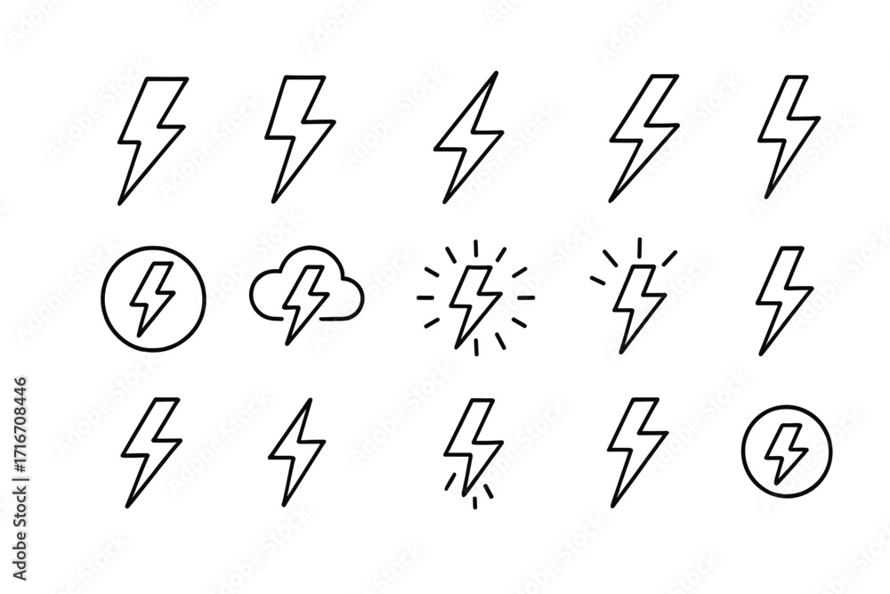 Poster lightning bolt line icon set. thunder flash storm weather pictogram collection. vector symbol for el