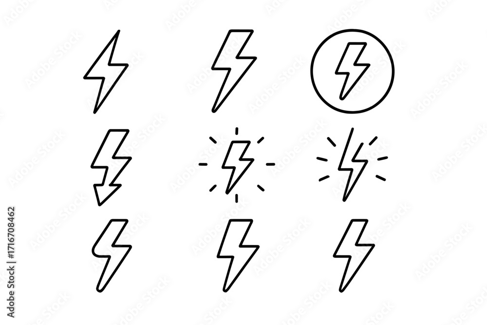 Poster thunder bolt line icon set. editable stroke. minimalistic lightning flash symbol collection. electri