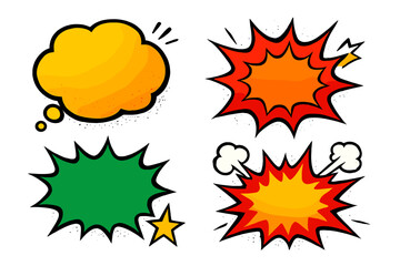 Comic speech bubbles and explosion elements set. Pop art cartoon vector illustration. Retro sound effects for bam, pow, boom. Empty thought balloon for dialog or text.